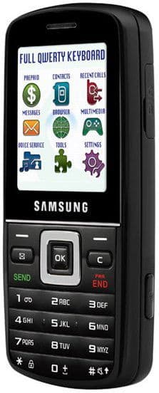 Samsung SGH-T401G front view, black phone with display showing application icons and numeric keypad below