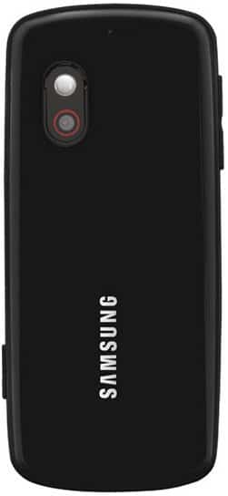 Samsung SGH-T401G rear view, black phone with camera and flash