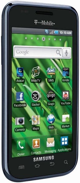 Samsung Vibrant front view with T-Mobile branding, green wallpaper, and app icons including Google, Facebook, Maps, and YouTube on display