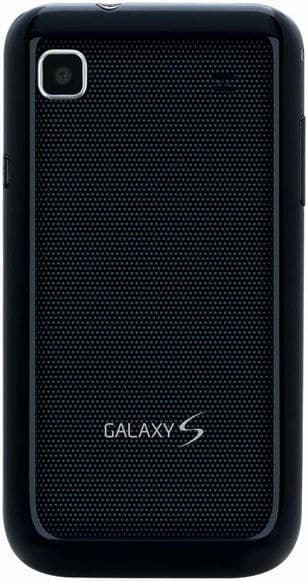 Samsung Vibrant smartphone, front view, black with textured back and silver camera bezel