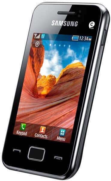 Samsung Tocco Lite 2 front view, black candybar phone with touchscreen displaying colorful landscape wallpaper and menu icons