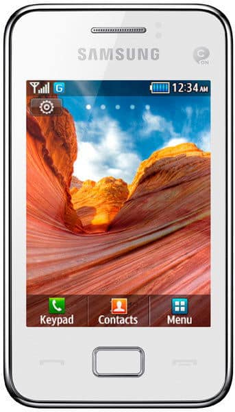 Samsung Tocco Lite 2 front view, white phone with touchscreen displaying desert landscape, physical buttons below screen