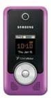 Samsung TwoStep flip phone, front view, with purple casing and small external display showing time