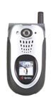 Sanyo 7400 flip phone, front view, silver with black accents and external display screen
