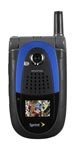 Front view of closed Sanyo 7500 flip phone, blue and black cover, external antenna, Sprint logo under small screen.