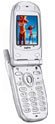Sanyo 8100 mobile phone, front view, displaying blue and red screen graphics, silver clamshell design