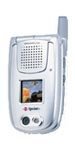 Front view of a silver LG Sprint flip phone with external screen, speaker grill, camera lens, and visible antenna.