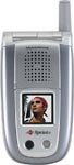 Front view of a silver Sanyo 8300 flip phone, external screen shows a face, top right antenna, Sprint logo below display.