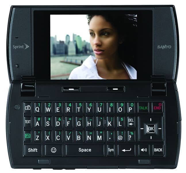 Front view of an open Sanyo Incognito flip phone showing QWERTY keyboard and color display with TALK, END, and navigation keys.