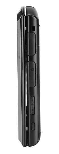 Side view of a closed black handheld gaming console, showing edge buttons, slots, and ports in a compact design.