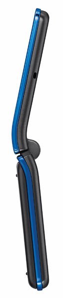 Sanyo Innuendo flip phone, front view, closed position showing blue and black exterior with hinge detail
