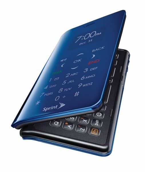 Sanyo Innuendo flip phone, front view open, displaying blue exterior with keypad and Sprint branding
