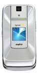 Front view of silver Sanyo Katana DLX flip phone showing small external Sprint screen, camera above, and metallic finish.