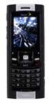 Sanyo S1 mobile phone, front view, with black casing and small screen displaying blue graphics