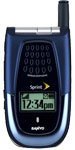 Front view of a blue Sanyo SCP-2400 Sprint flip phone showing external screen (12:34 PM) and top-right antenna.