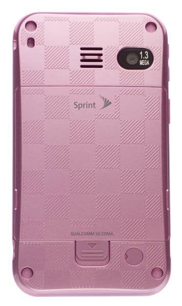 Sanyo Juno pink phone, rear view, showing Sprint branding, speaker grille, camera, and textured back panel