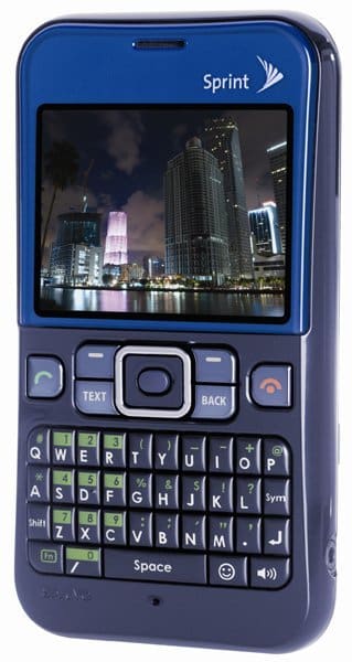 Sanyo Juno front view, blue phone with Sprint logo, display showing city skyline, QWERTY keyboard below screen, navigation buttons and number pad