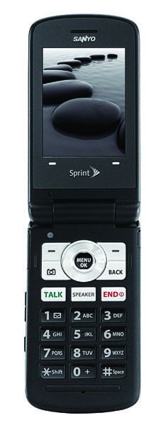Front view of an open black Sanyo Mirro Sprint flip phone showing a nature image on the display and full keypad.