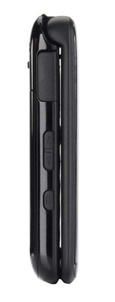 Side view of a closed black Sanyo Mirro flip phone with two raised arrow buttons, square symbol, rounded edges, glossy finish.