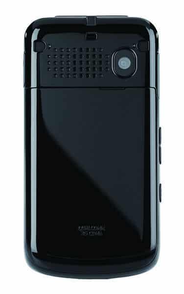 Rear view of black Sanyo Mirro; camera lens top right, speaker grille beside, multiple buttons on the right edge.