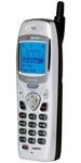 Sanyo SCP 4700 mobile phone, front view, with blue display screen and black antenna extended