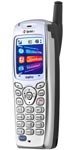 Sanyo SCP 4900 mobile phone, front view, showing silver and blue casing with numeric keypad and small screen display