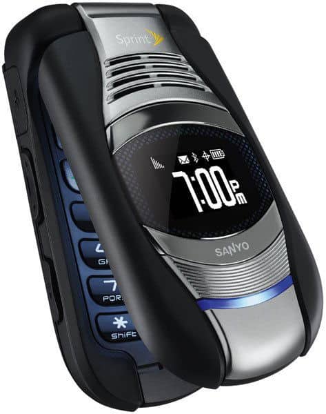 Sanyo Taho flip phone, open position, showing silver and black exterior with display screen showing 1:00 PM