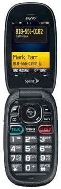 Sanyo Vero flip phone open, displaying contact "Mark Farr" on screen, front view