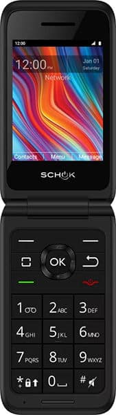 Front view of black Schok Flip phone showing color display, keypad with large buttons, and “Schok” logo below the screen.
