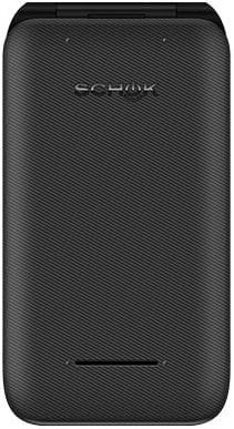 Rear view of a closed black Schok Flip phone, textured finish, "SCHOK" logo at top, small horizontal vent near bottom.