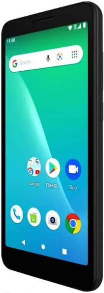 Schok Volt SV55 black smartphone, front view angled right, with green-blue gradient home screen and five app icons visible.