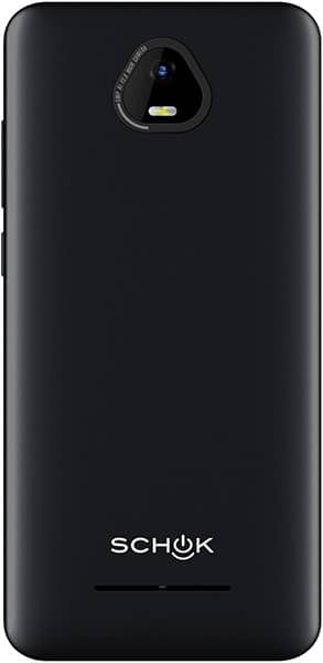 Rear view of black Schok Volt SV55 phone with top rear camera, flash, and SCHOK logo positioned near the bottom.