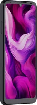 Schok Volt SV67Q smartphone with black frame, angled side view; screen shows abstract purple and pink design.