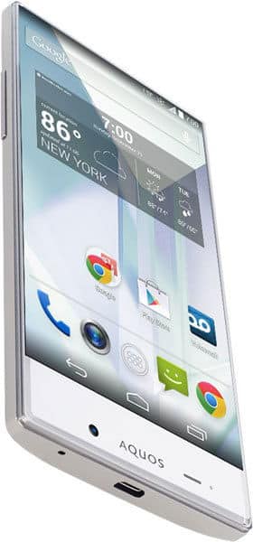 Front angled view of white Sharp Aquos Crystal showing home screen with app icons, New York weather, and 7:00 time.