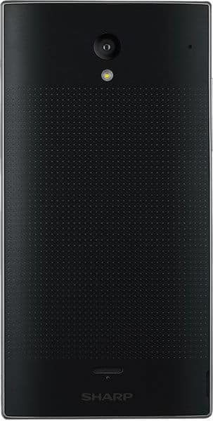 Rear view of black Sharp Aquos Crystal: single rear camera, LED flash below, dotted texture, Sharp logo at bottom.