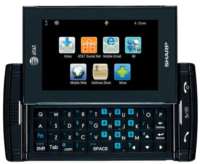Front view of a black Sharp FX showing its slide-out QWERTY keyboard and home screen with app icons.