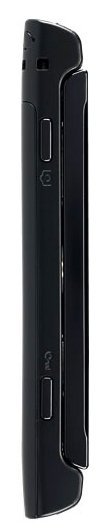 Side view of closed black Sharp FX flip phone, displaying two right-side buttons and the hinge.