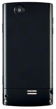 Rear view of closed black Sharp FX flip phone; camera at top, speaker grille at bottom, no visible branding or details.