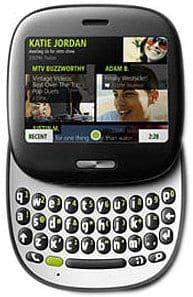 Sharp Kin One phone, front view, with slide-out QWERTY keyboard and screen displaying social media content