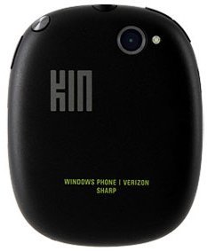 Sharp Kin One phone, rear view, showing black curved body with camera and "KIN" branding