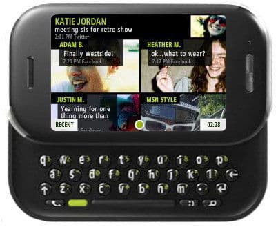 Sharp Kin Two smartphone displaying home screen with social media feeds and contact thumbnails, front view with slide-out QWERTY keyboard visible