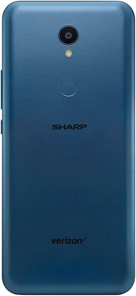 Rear view of blue Sharp Rouvo V showing single camera, LED flash, fingerprint sensor, and Sharp/Verizon branding.