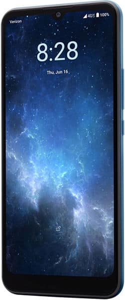 Front view of Sharp Rouvo V showing blue space lock screen, time 8:28, date June 16, Verizon 4G and battery icons.
