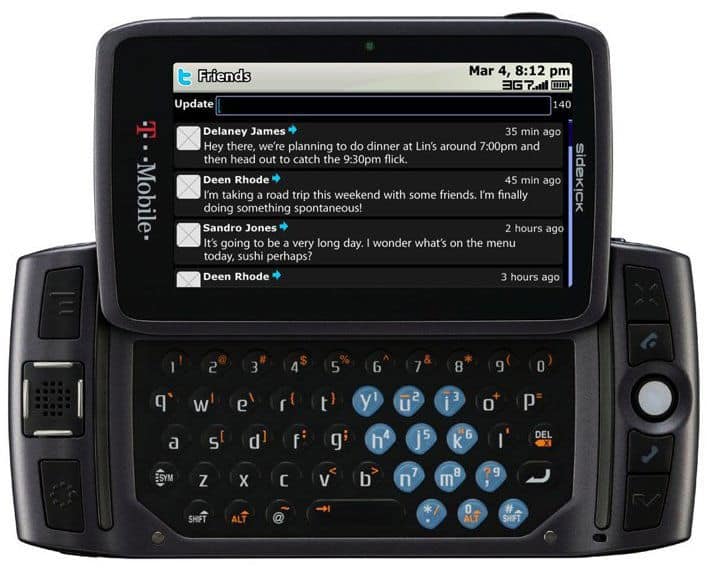 Sidekick LX 2009 front view showing slide-out QWERTY keyboard and screen displaying social media feed with messages from friends