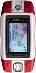 Sidekick ID front view, red and white flip phone with small screen displaying blue interface