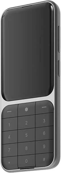 Front view of Sidephone SP-01 showing large blank screen, numeric keypad, metallic frame, and side buttons.