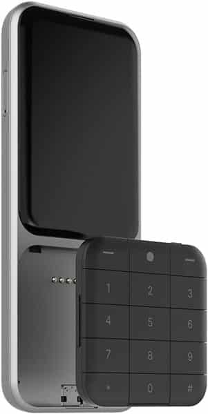 Front view of Sidephone SP-01 with front panel removed, showing internal connectors and detached keypad standing upright.
