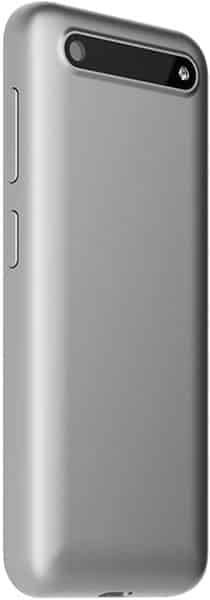 Sidephone SP-01 in silver shown from rear side angle, rounded edges, two side buttons, camera and flash in top black strip.