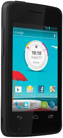 Front view of Alcatel Smart Mini showing beach-theme home screen with time, date, and Play Store, Gmail, Facebook, Maps icons.