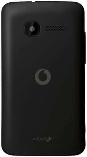 Rear view of black Alcatel Smart Mini showing camera, speaker, Vodafone logo center, and "with Google" text at the bottom.
